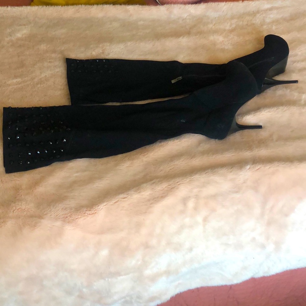 Nina black thigh high faux suede stiletto boots